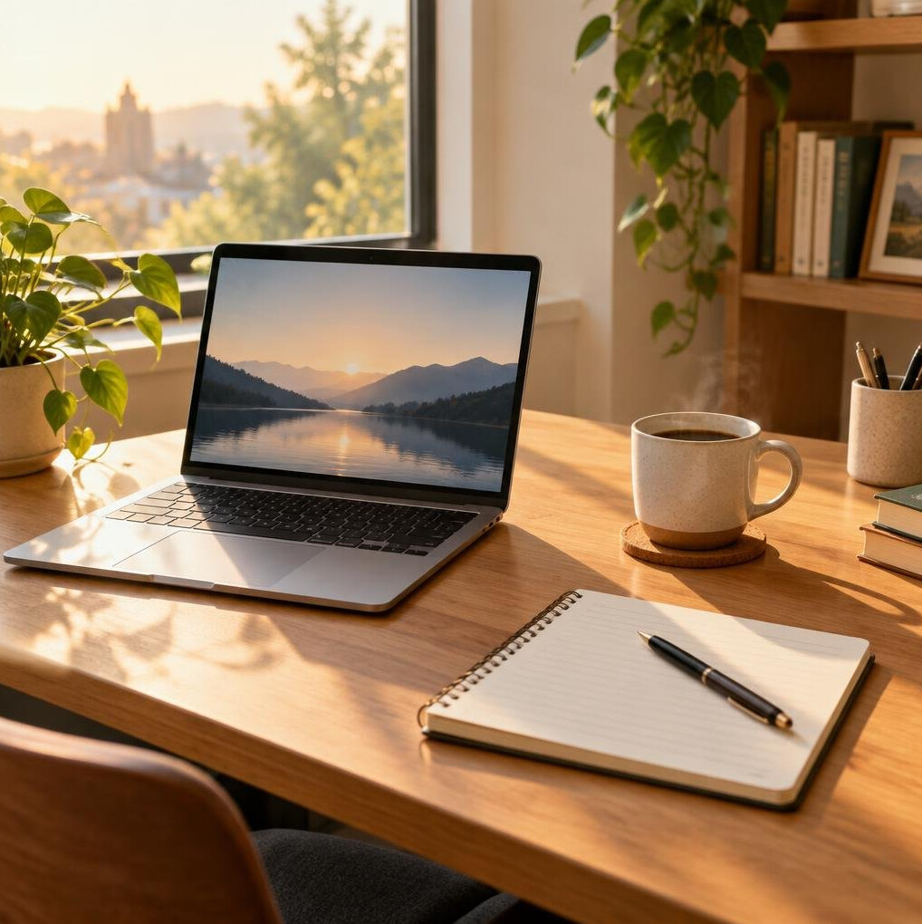 Laptop and notebook on a writing desk