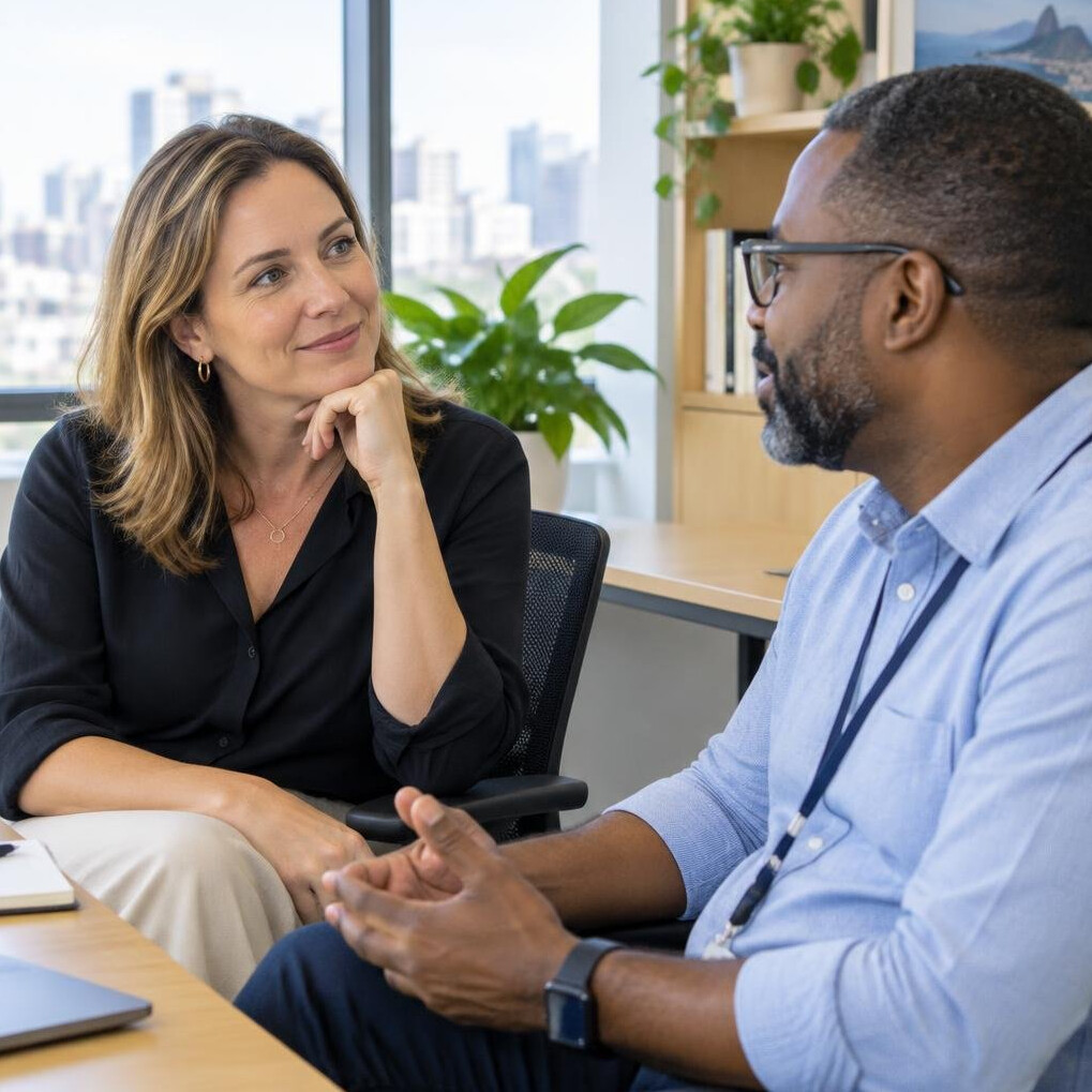 Two colleagues listening to each other in an office